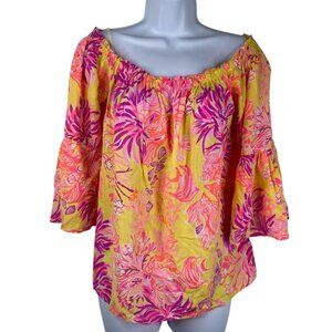 Lilly Pulitzer Nevie Off The Shoulder Top Size M Yellow Pink Flowy Tropical